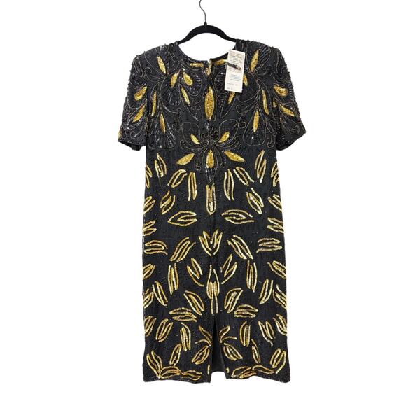 Vintage Black & Gold Beaded Cocktail Dress – Art Deco Sequin Short Sleeve Party - Picture 9 of 9